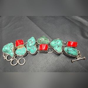 Massive 112g 925 Sterling Turquoise & Coral Statement Toggle Bracelet Adjustable